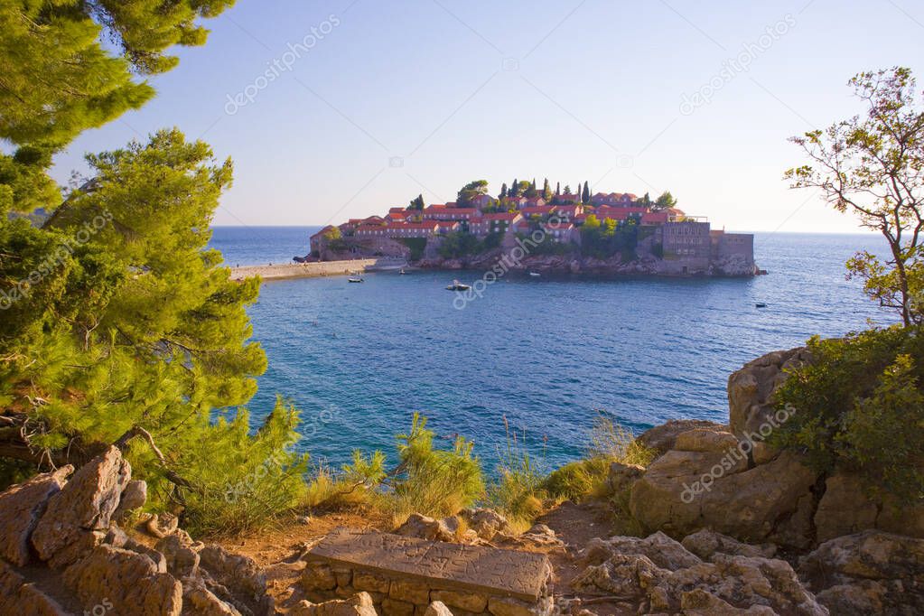 View of Sveti Stefan Island in a beautiful summer day in Montenegro