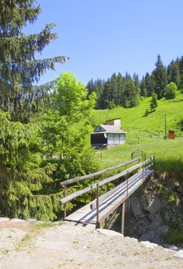 Landscape with small house and bridge in sunny day in Verkhovyna, Ukraine