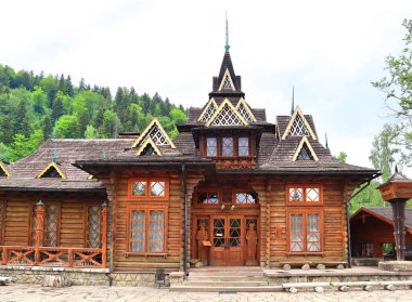 Famous Restaurant Hutsulshchyna (wooden frame) in Yaremche, Ukraine