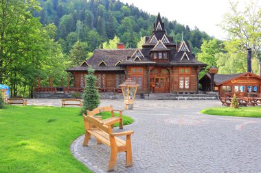 Famous Restaurant Hutsulshchyna (wooden frame) in Yaremche, Ukraine