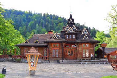 Famous Restaurant Hutsulshchyna (wooden frame) in Yaremche, Ukraine