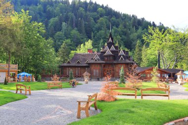 Famous Restaurant Hutsulshchyna (wooden frame) in Yaremche, Ukraine