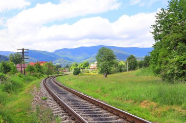 Landscape with railroad in the Carpathian Mountains in Yaremche, Ukraine