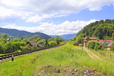 Landscape with railroad in the Carpathian Mountains in Yaremche, Ukraine