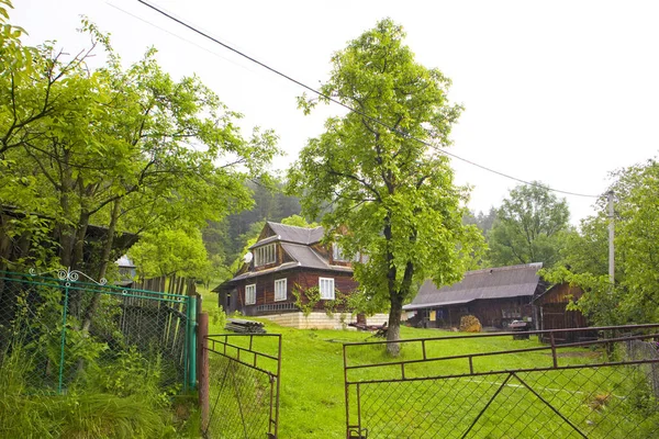 Wooden House Rainy Day Yaremche Ukraine — Stockfoto