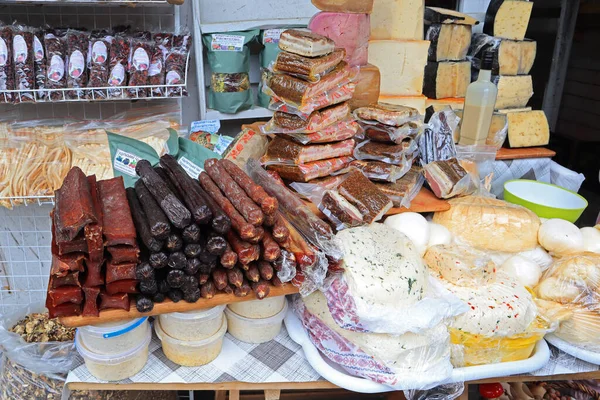 Local Homemade Cheese Meat Salo Sausage Sale Yaremche Ukraine — 图库照片