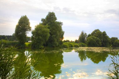 Landscape with lake at sunset time