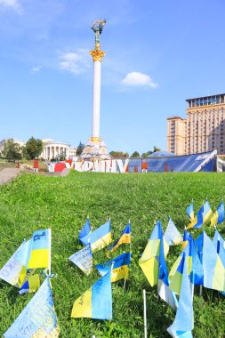  Independence Square with yellow and blue flags in memory of the fallen defenders of Ukraine in war time in Kyiv, Ukraine