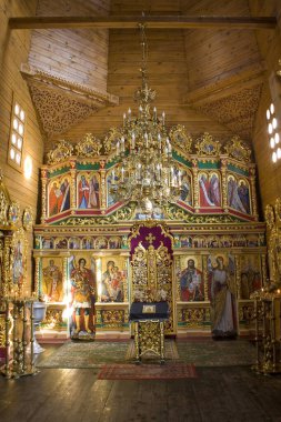 Interior of wooden Church of the Protection of the Most Holy Theotokos in Cossack village (museum) Mamaeva Sloboda in Kyiv, Ukraine