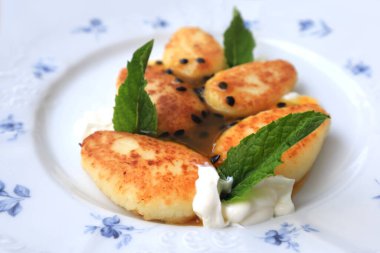 View of plate with cheese pancake