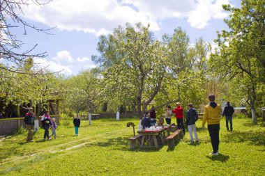 Tourists at Island of old believers in Vilkovo, Ukraine