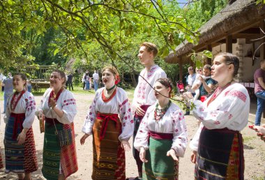Ukrainian National Folk Vocal Ensemble sings in Cossack village (museum) Mamaeva Sloboda in Kyiv, Ukraine