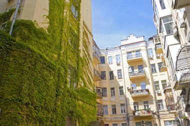  Ukrayna 'nın başkenti Kyiv' deki Pushkinskaya Caddesi 'nde sarmaşıklı tarihi evlerin antika verandası.