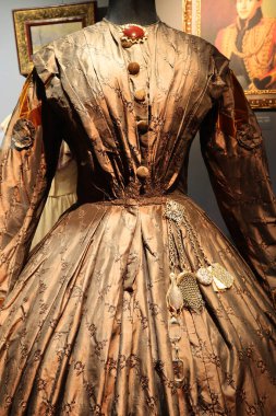 Avrupa 'nın tarihi vintage elbisesinin (1830-1920) yakın görüntüsü