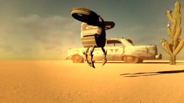  Çölde Uzay Aracı ve Eski Araba Yüksek Kaliteli Animasyon