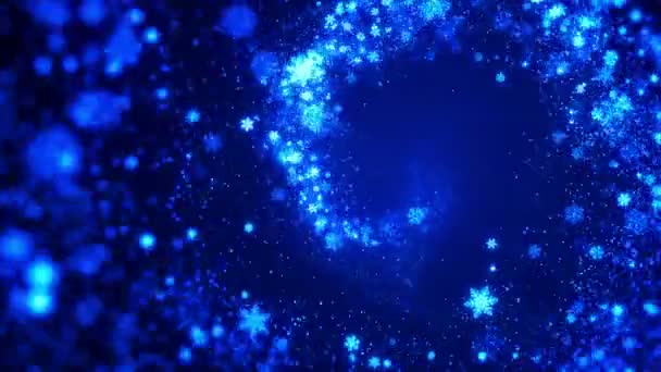 Blauwe Lichten Kerst Glitter Achtergrond Met Sneeuwvlok Deeltje Licht Stromen — Stockvideo