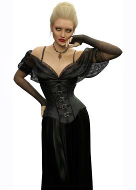 Beyaz arka planda siyah elbise ve korse giyen sarışın bir kadının üç boyutlu dijital görüntüsü.. 