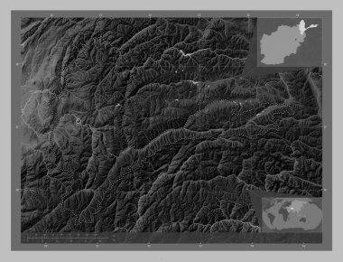 Badakhshan, province of Afghanistan. Grayscale elevation map with lakes and rivers. Corner auxiliary location maps