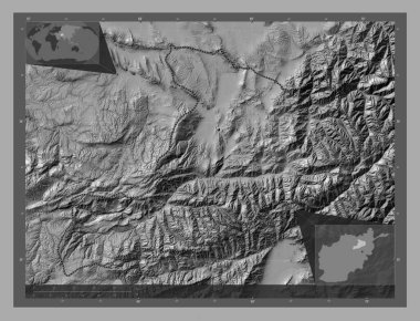 Baghlan, province of Afghanistan. Bilevel elevation map with lakes and rivers. Corner auxiliary location maps