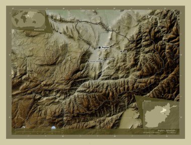 Baghlan, province of Afghanistan. Elevation map colored in wiki style with lakes and rivers. Locations and names of major cities of the region. Corner auxiliary location maps