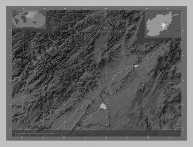 Ghazni, province of Afghanistan. Grayscale elevation map with lakes and rivers. Locations of major cities of the region. Corner auxiliary location maps