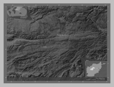 Ghor, province of Afghanistan. Grayscale elevation map with lakes and rivers. Locations and names of major cities of the region. Corner auxiliary location maps