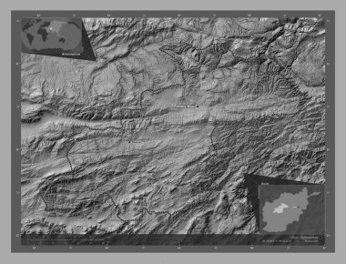 Ghor, province of Afghanistan. Bilevel elevation map with lakes and rivers. Locations and names of major cities of the region. Corner auxiliary location maps