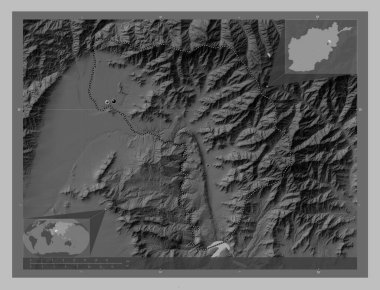 Kapisa, province of Afghanistan. Grayscale elevation map with lakes and rivers. Locations of major cities of the region. Corner auxiliary location maps