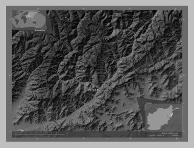 Kunar, province of Afghanistan. Grayscale elevation map with lakes and rivers. Locations and names of major cities of the region. Corner auxiliary location maps