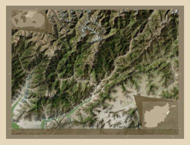 Kunar, province of Afghanistan. High resolution satellite map. Corner auxiliary location maps