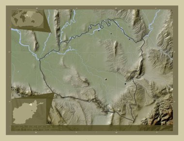 Kunduz, province of Afghanistan. Elevation map colored in wiki style with lakes and rivers. Locations of major cities of the region. Corner auxiliary location maps