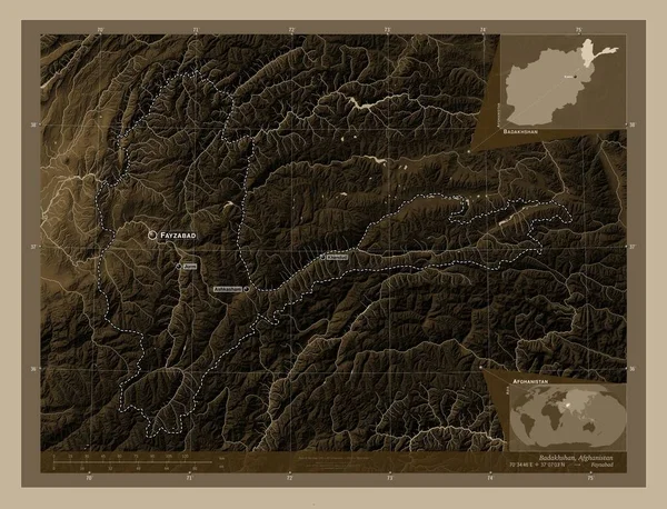 Badakhshan, province of Afghanistan. Elevation map colored in sepia tones with lakes and rivers. Locations and names of major cities of the region. Corner auxiliary location maps