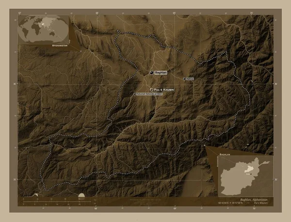 Baghlan, province of Afghanistan. Elevation map colored in sepia tones with lakes and rivers. Locations and names of major cities of the region. Corner auxiliary location maps