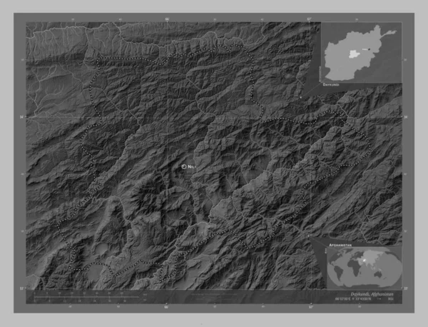 Daykundi Province Afghanistan Grayscale Elevation Map Lakes Rivers Locations Names — 스톡 사진