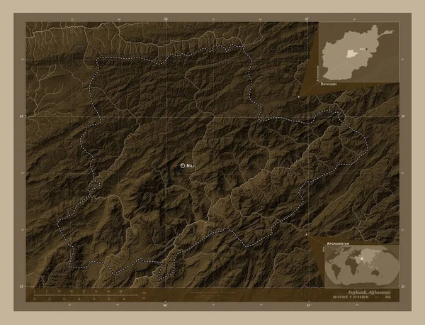 Daykundi, province of Afghanistan. Elevation map colored in sepia tones with lakes and rivers. Locations and names of major cities of the region. Corner auxiliary location maps