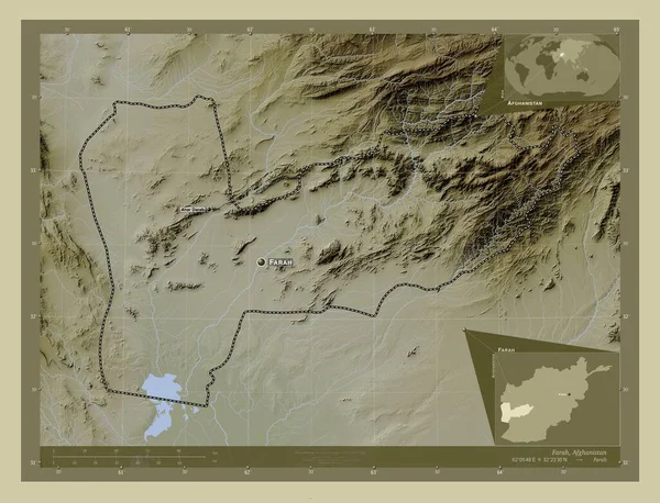 Farah, province of Afghanistan. Elevation map colored in wiki style with lakes and rivers. Locations and names of major cities of the region. Corner auxiliary location maps