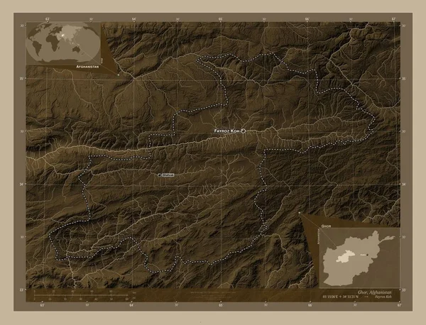 Ghor, province of Afghanistan. Elevation map colored in sepia tones with lakes and rivers. Locations and names of major cities of the region. Corner auxiliary location maps