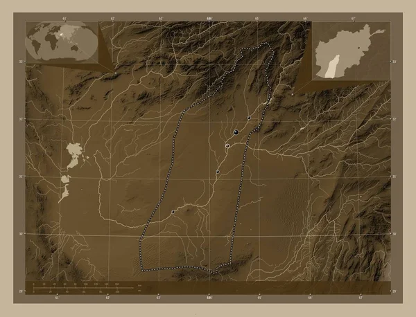 Hilmand, province of Afghanistan. Elevation map colored in sepia tones with lakes and rivers. Locations of major cities of the region. Corner auxiliary location maps