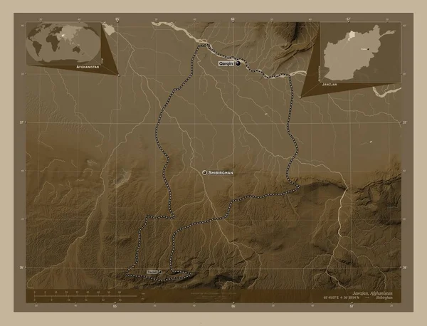 Jawzjan, province of Afghanistan. Elevation map colored in sepia tones with lakes and rivers. Locations and names of major cities of the region. Corner auxiliary location maps