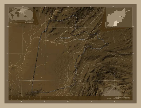 Kandahar, province of Afghanistan. Elevation map colored in sepia tones with lakes and rivers. Locations and names of major cities of the region. Corner auxiliary location maps