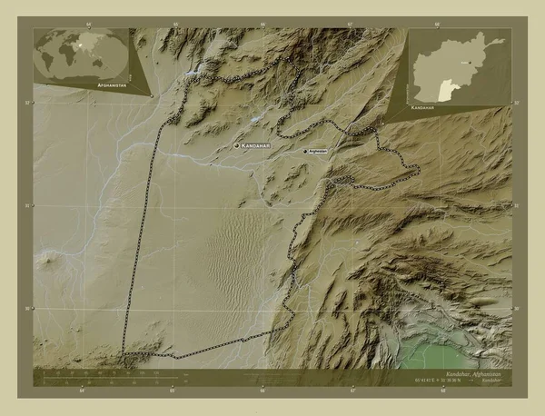 Kandahar, province of Afghanistan. Elevation map colored in wiki style with lakes and rivers. Locations and names of major cities of the region. Corner auxiliary location maps