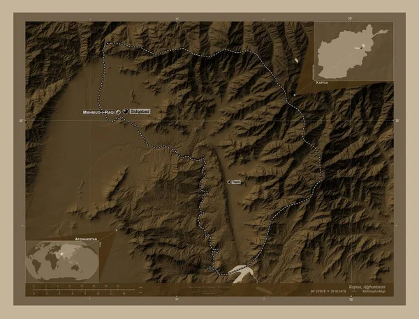 Kapisa, province of Afghanistan. Elevation map colored in sepia tones with lakes and rivers. Locations and names of major cities of the region. Corner auxiliary location maps