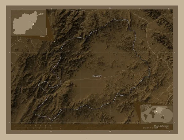 Khost, province of Afghanistan. Elevation map colored in sepia tones with lakes and rivers. Locations and names of major cities of the region. Corner auxiliary location maps