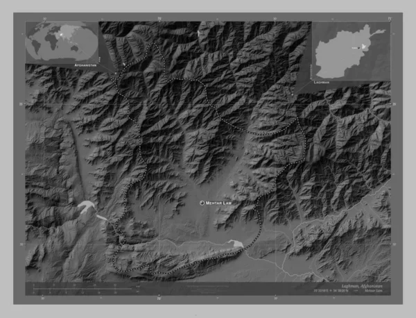 Laghman Province Afghanistan Grayscale Elevation Map Lakes Rivers Locations Names — Zdjęcie stockowe