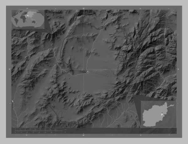 Logar Province Afghanistan Grayscale Elevation Map Lakes Rivers Corner Auxiliary — Zdjęcie stockowe