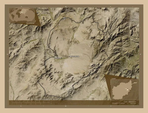 Logar Province Afghanistan Low Resolution Satellite Map Locations Names Major — Stok fotoğraf