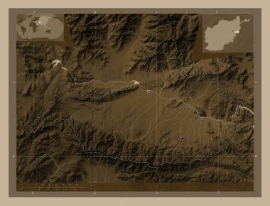 Nangarhar, province of Afghanistan. Elevation map colored in sepia tones with lakes and rivers. Locations of major cities of the region. Corner auxiliary location maps