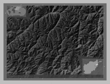 Nuristan, province of Afghanistan. Grayscale elevation map with lakes and rivers. Locations of major cities of the region. Corner auxiliary location maps