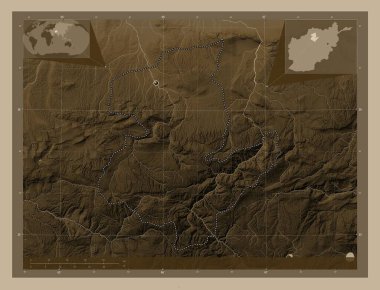 Sari Pul, province of Afghanistan. Elevation map colored in sepia tones with lakes and rivers. Corner auxiliary location maps