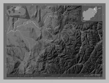 Takhar, province of Afghanistan. Grayscale elevation map with lakes and rivers. Locations and names of major cities of the region. Corner auxiliary location maps